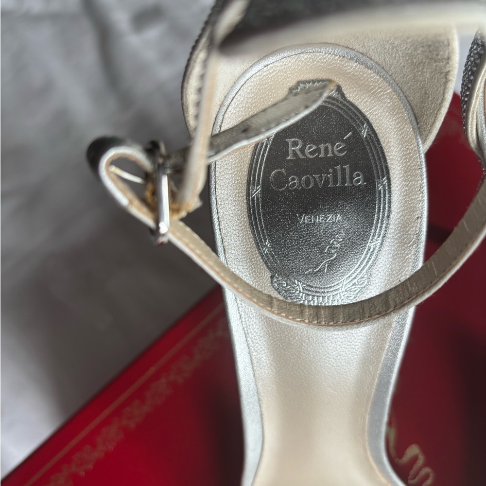Rene Caovilla Silver Stiletto Heels with Strappy Design